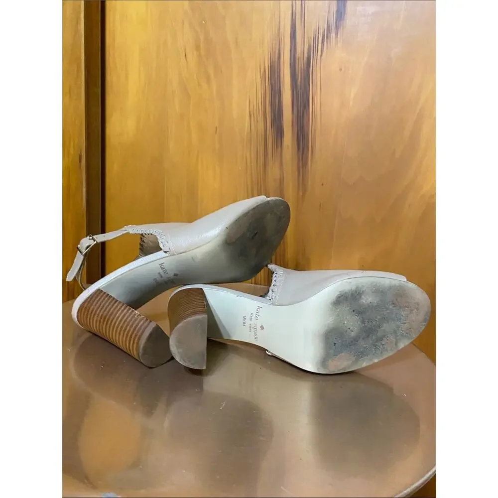 kate spade Cream Leather Peep-Toe Slingback 4” Heel Stacked Wood Block Gold